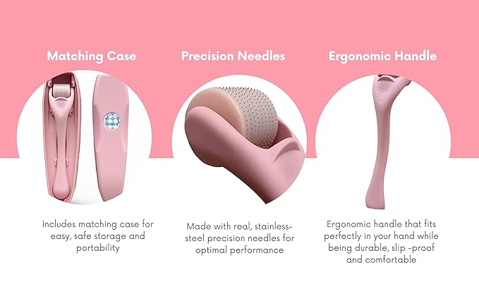 540 Stainless Steel Micropoint Derma Roller – Microneedling Roller for Face, Scalp & Beard – Skin Care Tool for Collagen Boost, Wrinkles & Hair Growth – Storage Case Included (Matte Baby Pink)