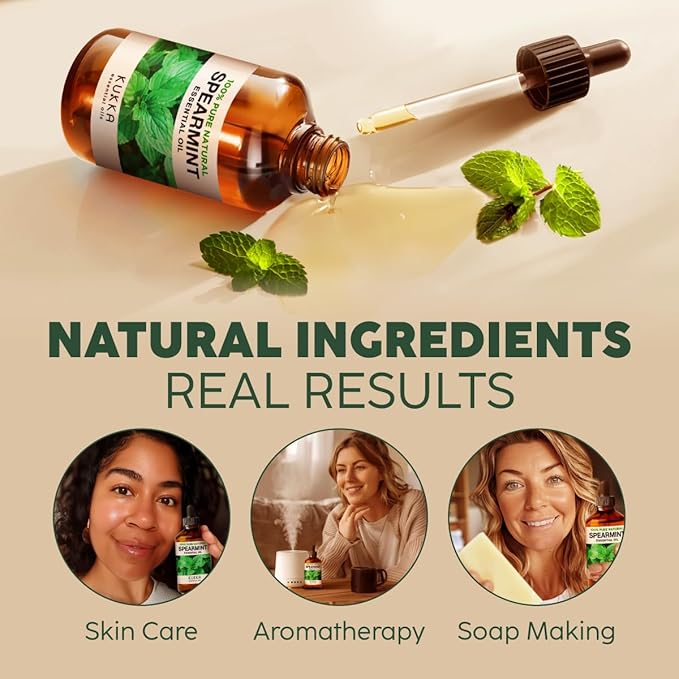 Kukka Spearmint Essential Oil for Facial Hair & Skin Care - 4 Fl Oz, 100% Pure Natural Aromatherapy Oil for Mother's Day Gifts, Diffusers, Bath Bombs, Soaps & Candles - DIY & Soap Making