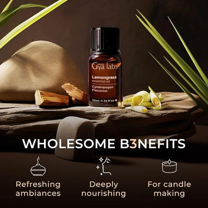 Gya Labs Lemongrass Essential Oil for Diffuser - 0.34 Fl Oz - 100% Pure Natural Lemongrass Oil for Hair, Skin, Herbaceous, Candle Making - Earthy & Zesty Scent