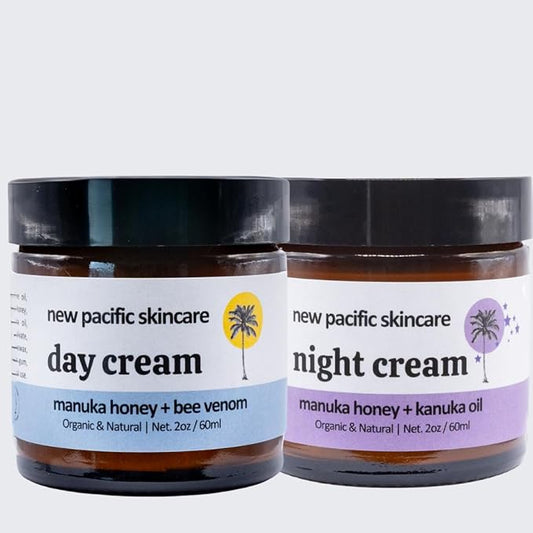 Save 5%: Organic Manuka Honey + Bee Venom Day and Night Cream Duo | Bee Venom Skin Treatment | Manuka Honey Skincare | 2oz/60ml