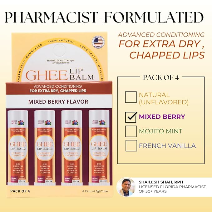 All Natural Lip Balm For Very Dry Lips | Hydrating & Moisturizing Lip Balm with Shea Butter, Ghee, Jojoba Oil, Coconut Oil | Chapped Lips & After Sun Care | BioSerene (4.5 gms/tube, Mixed Berry)