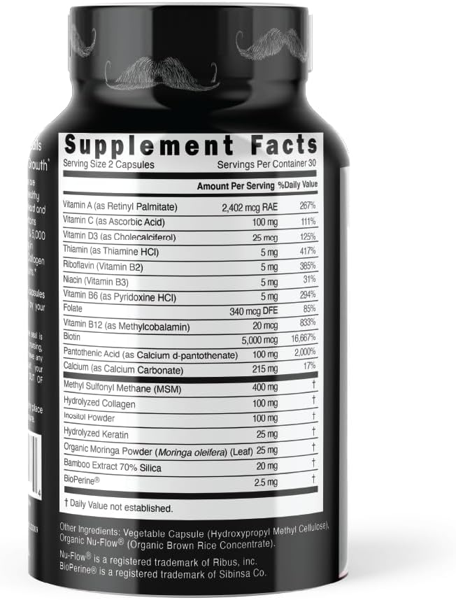 MYVIDAPURE Beard Growth + Men’s Skin & Nails – 5,000mcg Biotin – Vitamin C, D & B-Complex –Hydrolyzed Collagen Veggie Capsules – Non-GMO – Gluten-Free