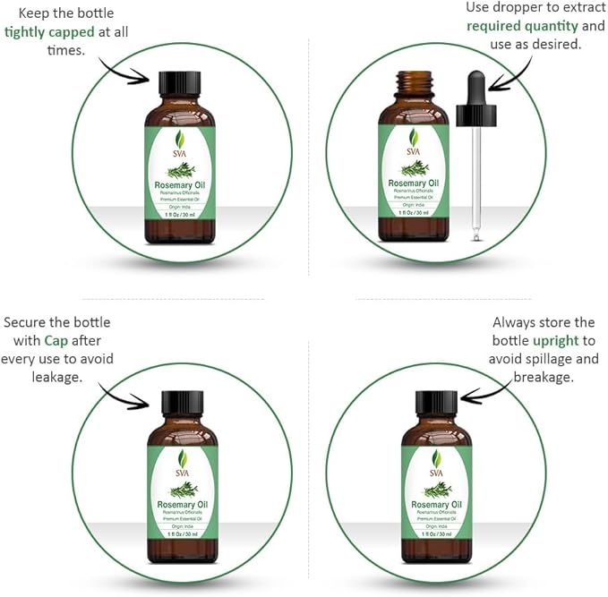 SVA Rosemary Essential Oil – 1 Fl Oz – 100% Natural Rosemary Oil for Hair, Face, Skin Care, Diffuser, Aromatherapy, Scalp, Body Massage, Soap and Candle Making – with Dropper
