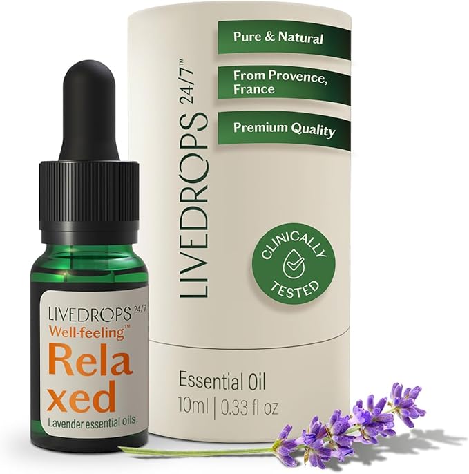 LIVEDROPS 24/7 Relaxed Lavender Essential Oil. Crafted in France. Pure & Natural Aromatherapy for Calm - Diffuser Compatible or Dilute in Carrier Oil for The Skin