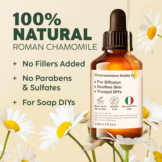 Kukka Roman Chamomile Essential Oil for Relaxation Diffuser, Skin & Body - 4 Fl Oz - 100% Pure Natural, for Aromatherapy & Soap Making Scent DIY