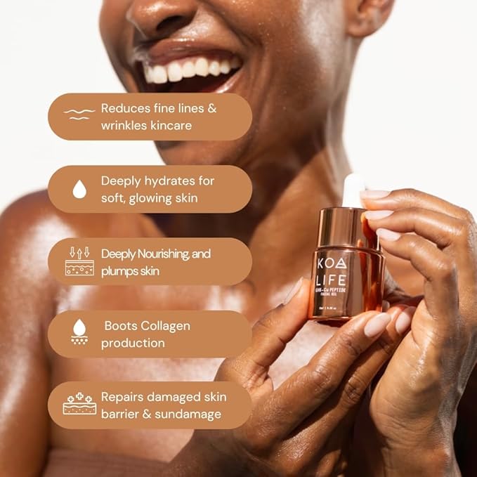 KOA Life GHK Peptide Daily Ultra-Hydrating, Anti-Aging Facial Oil. In a metallic copper glass dropper bottle and metallic copper outer cylinder carton