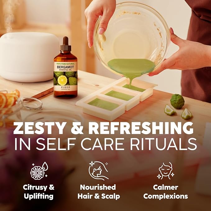 Kukka Bergamot Essential Oil for Diffuser and Skin - 4 Fl Oz - 100% Pure Natural Bergamot Oil for Aromatherapy, Hair Shampoo ,Bath Bomb & Soap Making Scent DIY