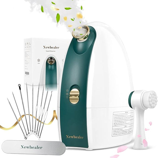 Newbealer Facial Steamer, 3in1 Aromatherapy Face Humidifier, 20 Min Hot & 60 Min Cold Nano Ionic Steam, 180ml Sinuses Moisturizing Cleansing Pores, Bonus 9-Piece Blackhead Remover Kit and Face Brush