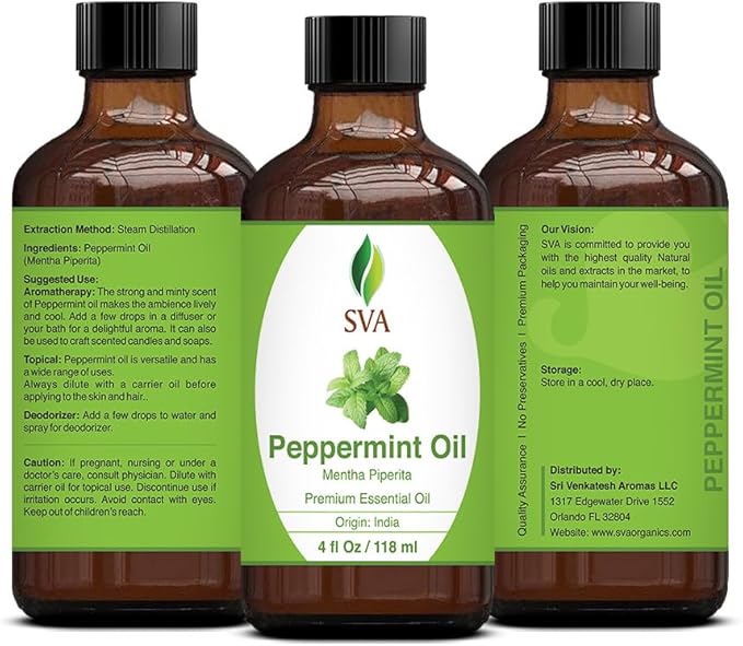 SVA Peppermint Piperita Essential Oil – 4 Fl Oz – 100% Natural Piperita Oil - for Diffuser, Hair Care, Face, Skin Care, Aromatherapy, Scalp and Body Massage, Soap and Candle Making - with Dropper