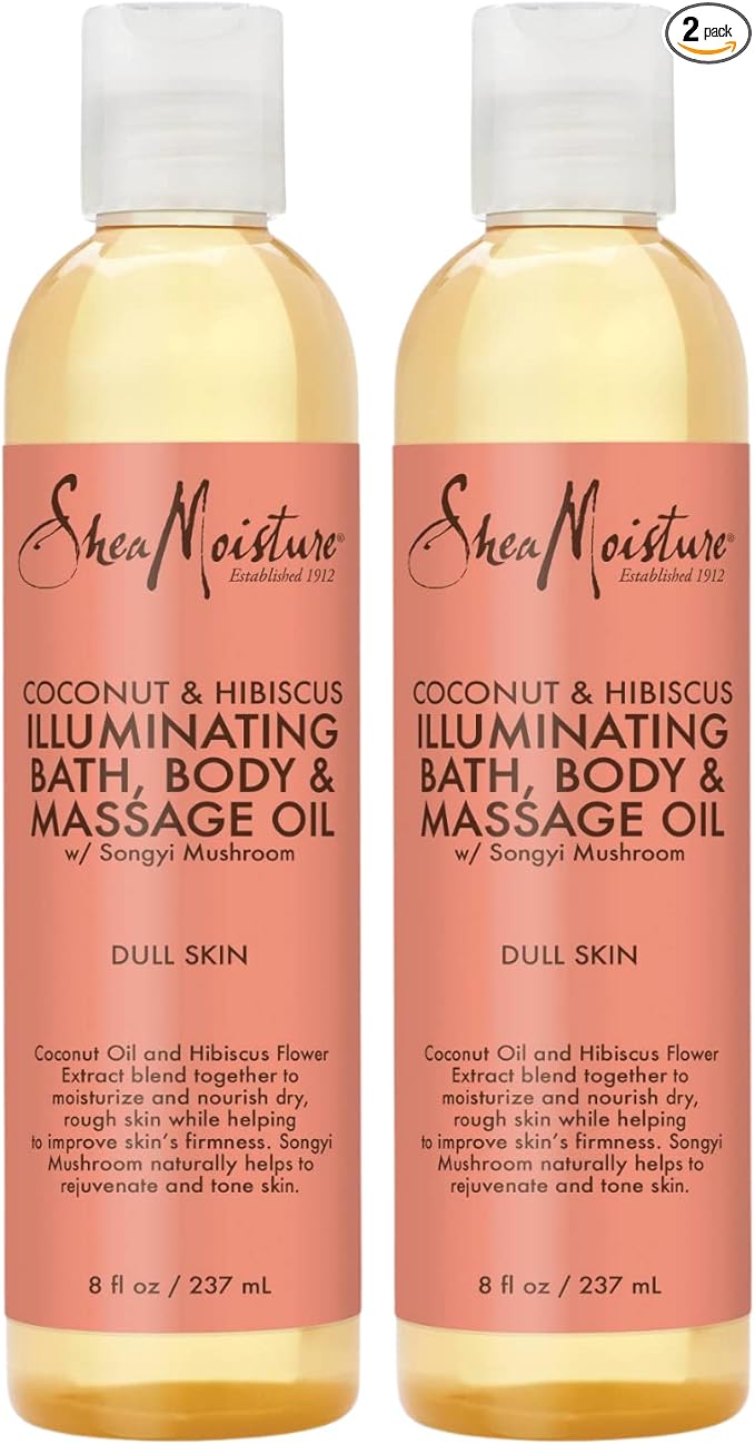 SheaMoisture Bath, Body & Massage Oil, Coconut & Hibiscus, 2-Pack – Illuminating Moisturizer for Dry Skin, 8 Oz Ea
