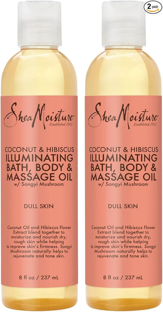 SheaMoisture Bath, Body & Massage Oil, Coconut & Hibiscus, 2-Pack – Illuminating Moisturizer for Dry Skin, 8 Oz Ea