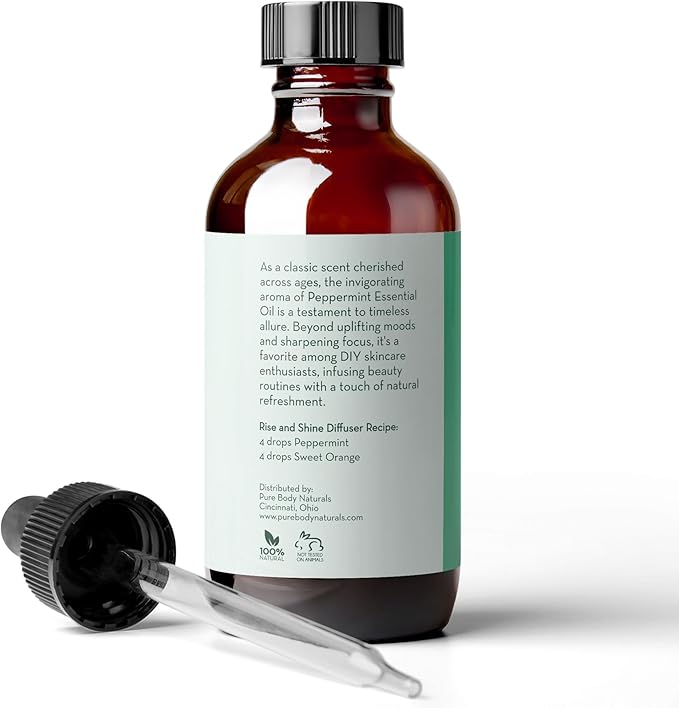 Pure Body Naturals Peppermint Essential Oil, 4 Fl Oz - Pure and Undiluted Mentha Piperita Oil, Therapeutic Grade Aromatherapy Oil for Diffuser, Relaxation and Focus