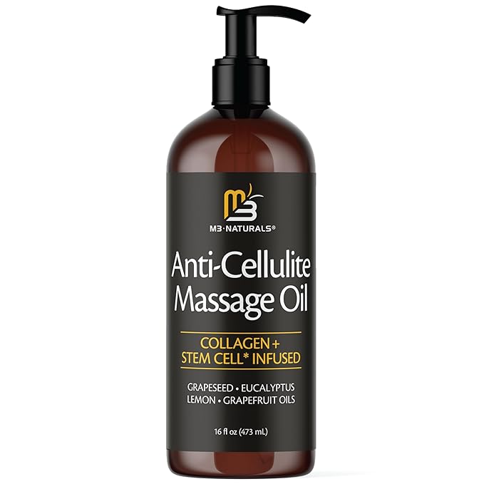Anti Cellulite Massage Oil - Body Oil and Massage Oil for Massage Therapy | Infused with Collagen and Stem Cell Skin Tightening Cellulite Cream and Massage Lotion for Women 16 Fl Oz by M3 Naturals