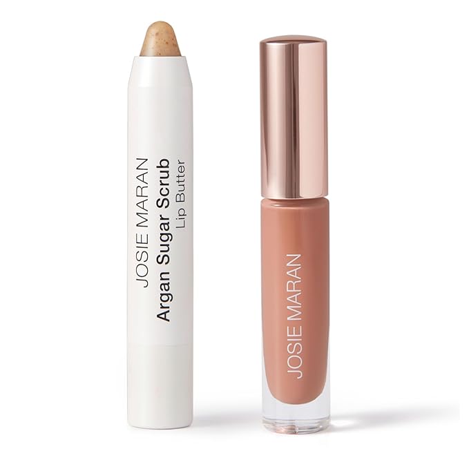 Josie Maran Lip Exfoliator Scrub & Plumping Lip Gloss - Argan Sugar Scrub Lip Butter in Crystal Clear & Hyaluronic Lip Booster in Happy - Buff Away Dry Skin for Soft Lips (2 Piece Lip Care Kit)