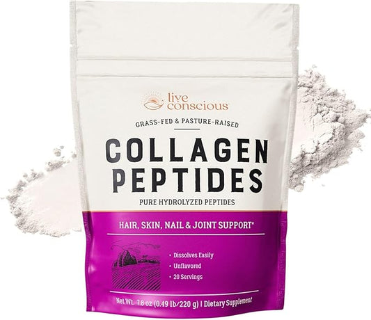 Live Conscious Collagen Peptides Powder - Naturally-Sourced Hydrolyzed Collagen Powder - Hair, Skin, Nail, and Joint Support - Type I & III Grass-Fed Collagen Supplements for Women and Men - 16oz