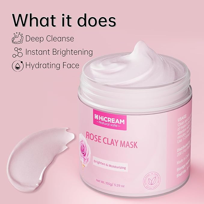 Rose Clay Facial Mask, Valentines Gifts for Women Her, Clay Mask Reduce the Blackheads, Pink Clay Mask with Kaolin and Collagen, Gentle Skincare for Women and men, Moisturizing 5.29 oz