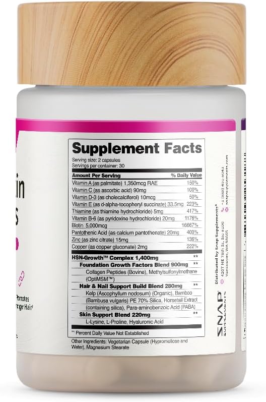 Snap Supplements Hair, Skin and Nails Vitamins, Support Hair Growth, Nourish Skin and Nails with Biotin, Collagen, Kelp, Bamboo and Other Vitamins, Radiant Skin, Strong Hair and Nails, 60 Capsules