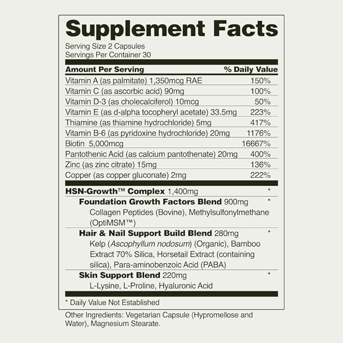 Snap Supplements Hair, Skin and Nails Vitamins, Support Hair Growth, Nourish Skin and Nails with Biotin, Collagen, Kelp, Bamboo and Other Vitamins, Radiant Skin, Strong Hair and Nails, 60 Capsules