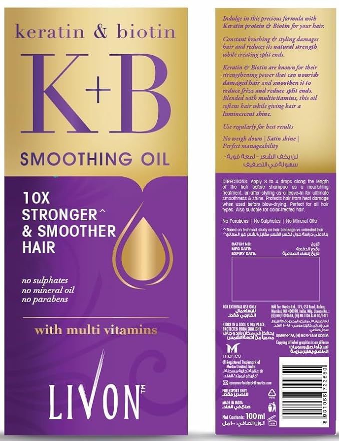 Livon Keratin & Biotin Smoothing Serum Oil |For Stronger & Smoother Hair | Enriched with Multi Vitamins | Sulphate & Paraben Free | Lightweight & Non Greasy | 3.3 fl. Oz