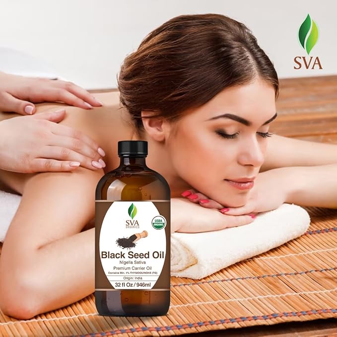 SVA Black Seed Oil Organic - 32 Fl Oz – 100% Natural Cold Pressed Organic Black Seed Oil - for Face, Skin Care, Hair Care, Scalp Massage & Body Massage – Carrier Oil