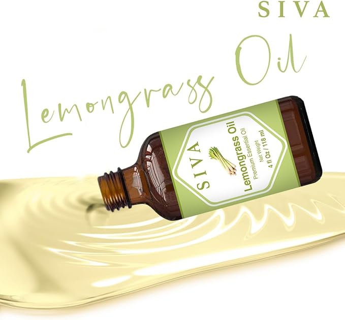 SIVA Lemongrass Essential Oil - 4 Fl Oz – Natural Lemongrass Oil - for Diffuser, Face, Skin Care, Aromatherapy, Hair Care, Scalp and Body Massage - with Dropper