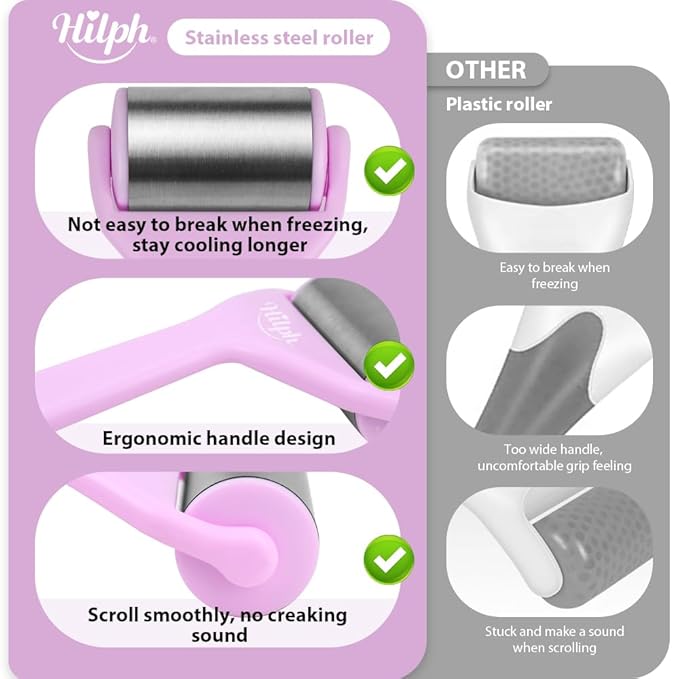 Hilph Ice Roller for Face Metal, Stainless Steel Ice Face Roller for Skin Care, Cold Facial Massager Roller for Puffiness, Eye Bags, Wrinkles, Fine Lines Anti-Aging (Purple)