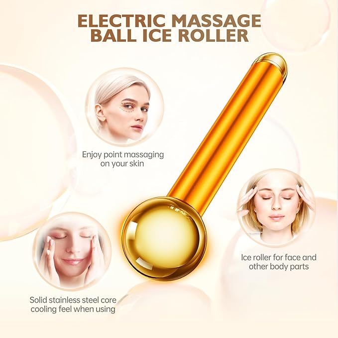 Amirce 2-in-1 Gua Sha and Ice Roller Facial Tools, Electric Face Massager Device for Eye, Jaw, Scalp, Neck, Gold