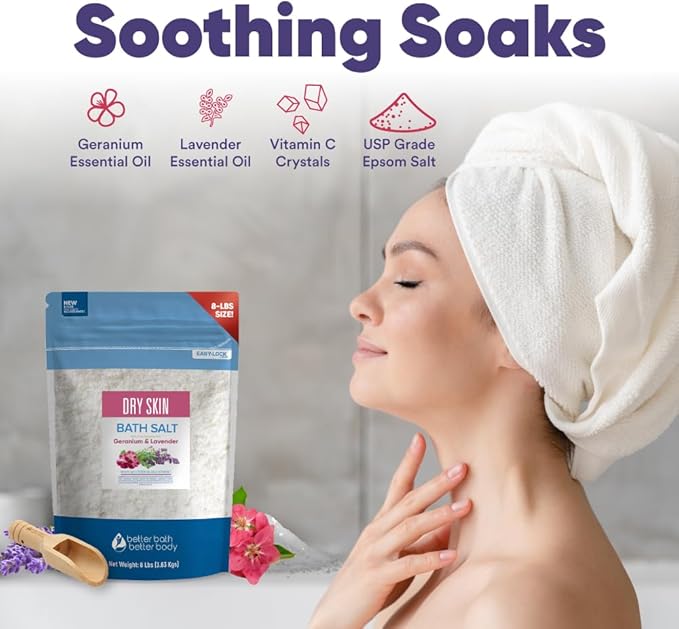 Dry Skin Bath Salt 128 Ounces Epsom Salt with Natural Geranium, Lavender, Ylang Ylang, and Lemon Essential Oils Plus Vitamin C in BPA Free Pouch with Easy Press-Lock Seal