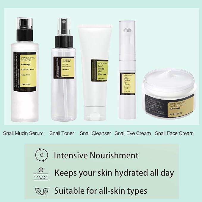All About Snail Mucin Kit - Snail Korean Skincare 5-Pack, Snail Skin Care Products Set: Face Gel Cleanser, Serum, Cream, Toner, Eye Cream Facial Kit for Women & Men Hydrating & Anti-Aging