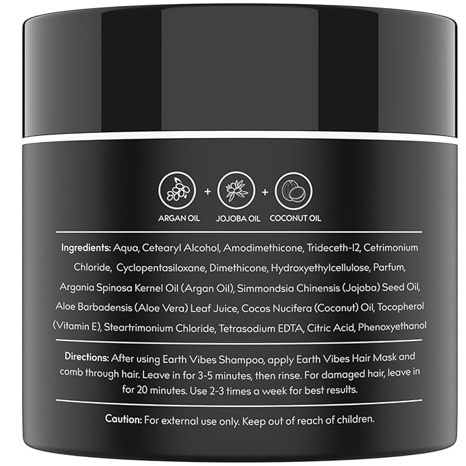 Earth Vibes Hydrating Argan Oil Hair Mask Conditioner - Deep Conditioning & Moisturizing - Hair Treatment For Dry Damaged Hair - Sulfate Free - Organic Jojoba Oil, Coconut Oil (8 Oz/226g)