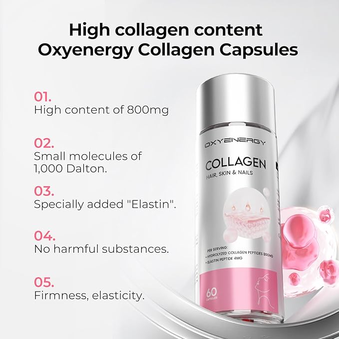 OxyEnergy Collagen Peptides Capsules for Women, 800mg Hydrolyzed Collagen(Types I) Supplements with Elastin Peptides, 60 Collagen Pills to Promotes Hair, Nail, Skin, Colágeno en Capsulas