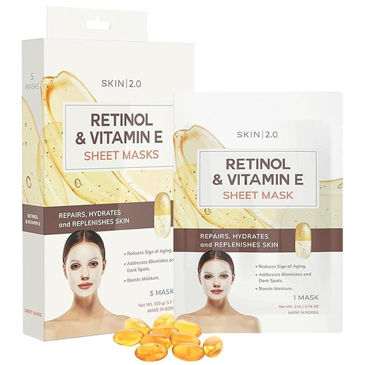Retinol & Vitamin E Sheet Mask - Anti-Aging, Acne Scar & Hyperpigmentation - Hydrating, Dermatologist Tested Korean Skincare - Clean Beauty, Cruelty-Free, All Skin Types - 5 Masks