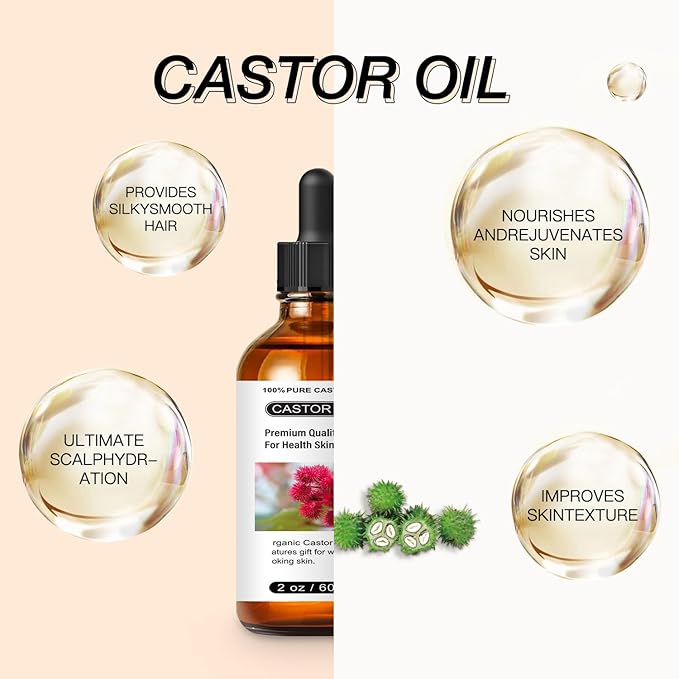 Castor Oil - Carrier Oil for Hair Growth, Relaxing Massage and Body Oil, Castor Oil for All Hair Types and Skin(Castor Oil, 2 Fl Oz)