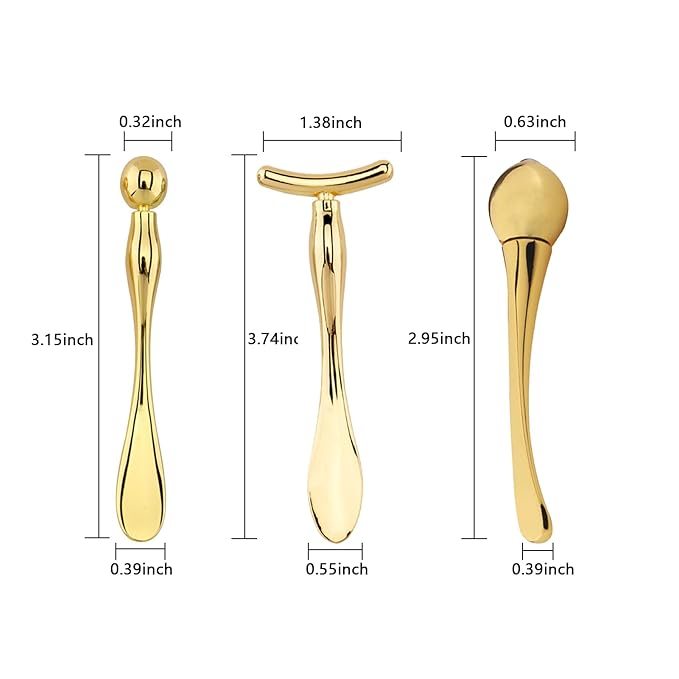 BetterJonny 3Pcs Metal Eye Cream Applicator Roller Wand Stick, Cosmetics Spoon Eye Cream Massager Wand Girls Women Facial Massager for Fatigue Relief Reduce Puffiness (Gold)