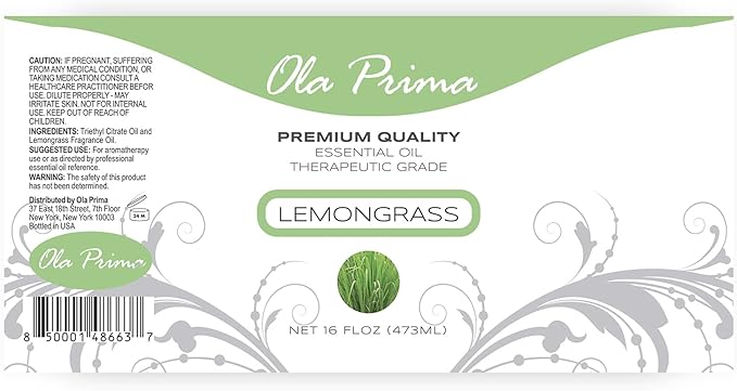 Ola Prima Lemongrass Essential Oil for Aromatherapy, Diffuser, Cleaning, Skin, Hair Health, Relaxation, Soap & Candle Making (16oz Bulk)