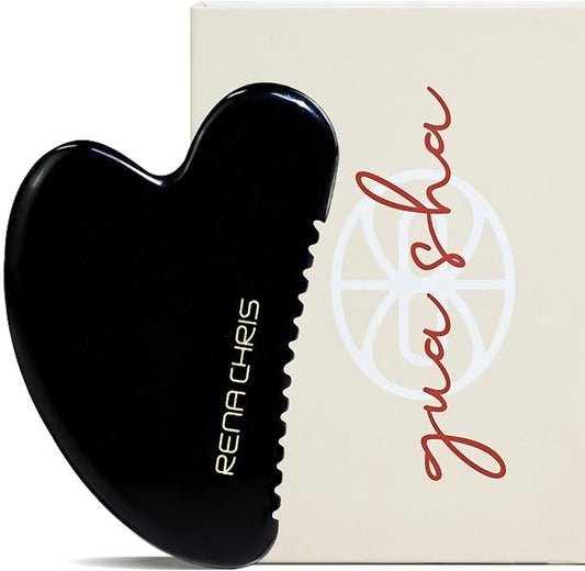 Rena Chris Gua Sha Facial Tools, Natural Obsidian Gua Sha with Teeth for Face & Body, Manual Massage Sticks for Jawline Sculpting and Puffiness Reducing, Facial Massage Tool, Skin-Care (Black)