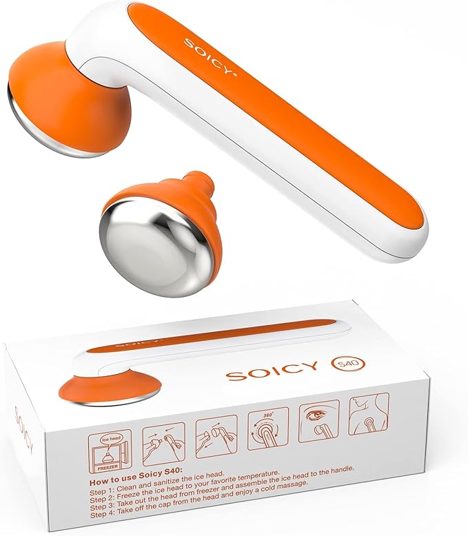 SOICY S40 Metal Ice Roller for Face Under Eye Skin Care Tools for Whole Body Minor Injury Cold CompressIce Face Roller Massager for Migraine Pain with 2 Stainless Steel Replacement Heads Orange