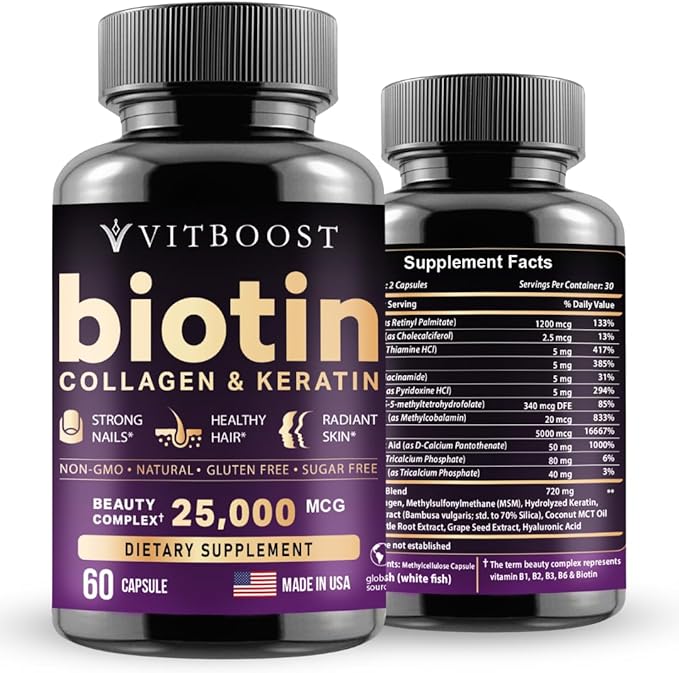 Biotin with Hyaluronic Acid, Collagen and Keratin – 25000 mcg Hair Growth Vitamins for Men and Women – Nails and Skin, USA Made - Third Party Tested, B1, B2, B3, B6, B7 Complex - 60 Capsules