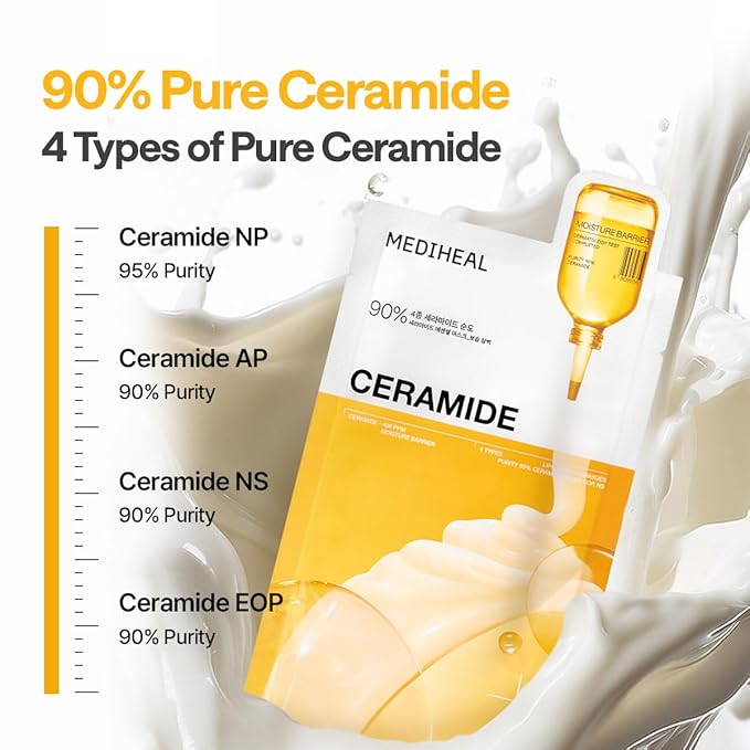 Mediheal Ceramide Essential Sheet Mask Moisture Barrier 10 pcs. 90% Ceramide & 4X Ceramide Liposome Technology for intense hydration and strengthening the barrier. Vegan formula.