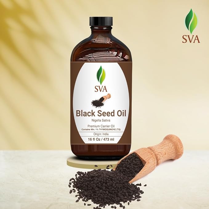 SVA Black Seed Oil - 16 Fl Oz – 100% Natural Cold Pressed Black Seed Oil - for Face, Skin Care, Hair Care, Scalp Massage & Body Massage – Carrier Oil