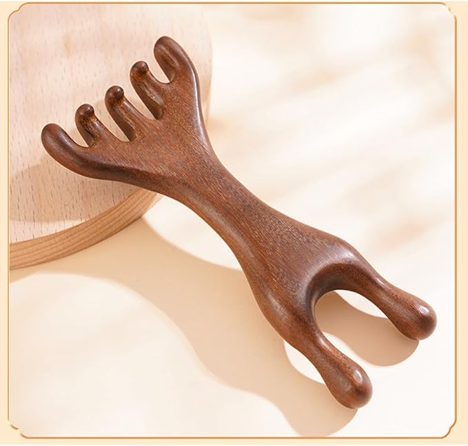 Golden Sandalwood Massager Tool Eye Massage Device Scalp Gua Sha Wooden Comb Forehead Massage Tools with Gift Box (5+2-Claws)