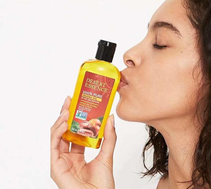 Desert Essence 100% Pure Jojoba Oil – 4 Fl Oz Moisturizer for Hair, Skin & Scalp | Makeup Remover & Aftershave Hydrator, Non-GMO, Vegan, Cold-Pressed, Anti-Flakiness & Non-Clogging Beauty Elixir
