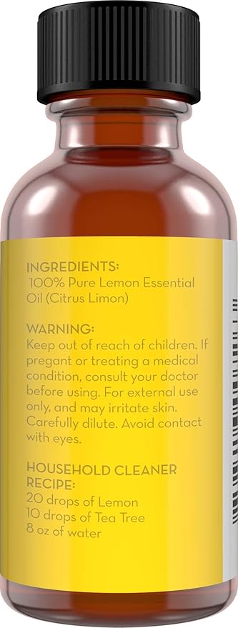 Pure Body Naturals Lemon Essential Oil, 1 fl oz - 100% Pure & Undiluted Lemon Oil for Diffuser and DIY - Natural Deodorizer, Laundry Freshener, Household Cleaner and Degreaser