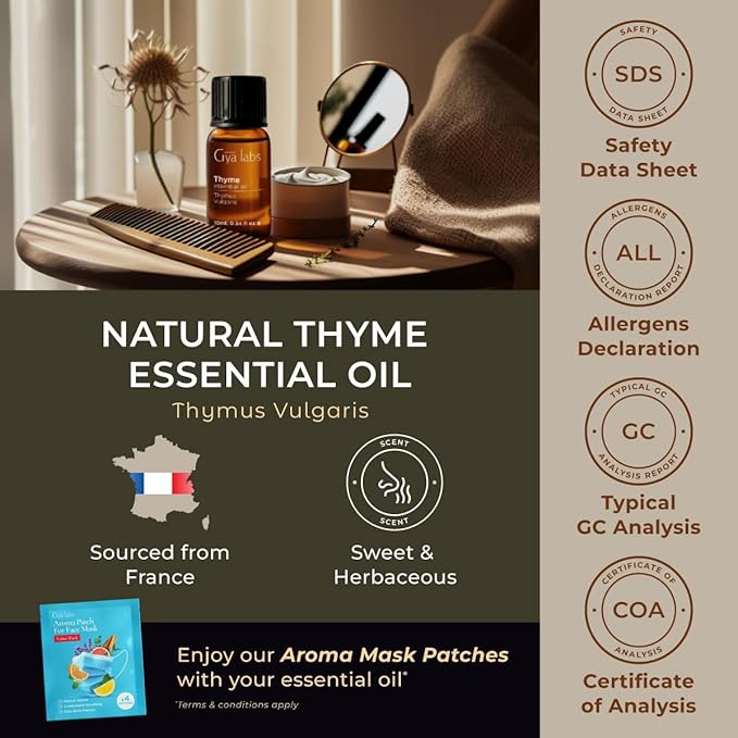 Gya Labs Thyme Essential Oil for Hair - 0.34 Fl Oz - 100% Pure Natural Thyme Oil for Skin, Diffuser & Candle Making Scent
