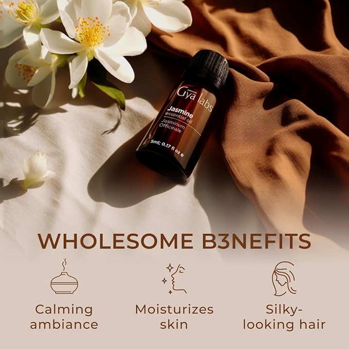 Gya Labs Jasmine Essential Oil for Diffuser - 0.17 Fl Oz - 100% Pure Natural Jasmine Oil for Skin, Hair, Body Massages Aromatherapy, Candle Making - Floral & Alluring Scent