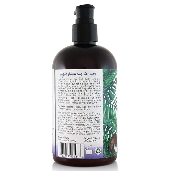 Coco Fiji Face & Body Lotion Infused With Coconut Oil | Lotion for Dry Skin | Moisturizer Face Cream & Massage Lotion for Women & Men | Night Blooming Jasmine 12 oz, Pack of 1