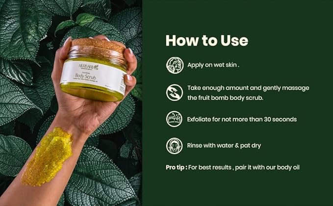 HERBARIA Body Scrub - FRUIT BOMB (7 oz) | Exfoliating Sugar Scrub with Panifolia Fruit, Shea Butter, Avocado Oil, Safflower Seed Oil, Almond Oil | 100% Sustainable - 100% Vegan, Cruelty Free