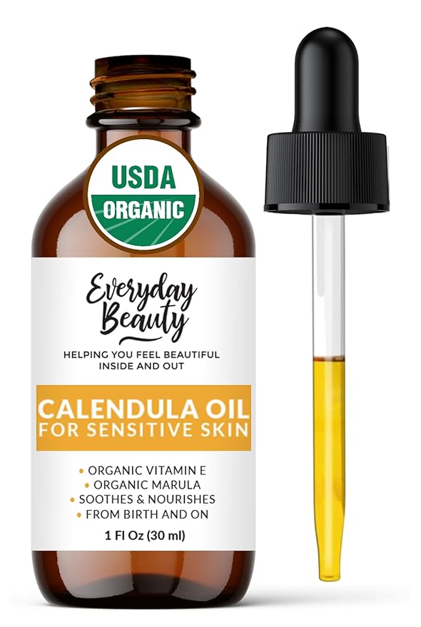 Organic Calendula Oil For Sensitive Skin - USDA Certified 100% Natural Plant Based, Lightweight & Unscented Gentle Soothing Oil For Sensitive Skin - For Face, Skin & All Over - 1 Fl Oz Glass & Dropper