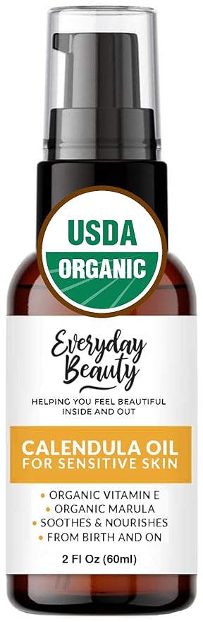 Organic Calendula Oil For Sensitive Skin - 2 Fl Oz Pump Top - USDA Certified 100% All Natural Plant Based, Lightweight & Unscented Gentle Soothing Oil For Sensitive Skin - For Face, Skin & All Over