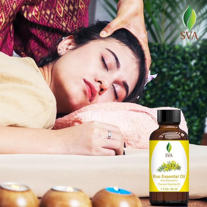 SVA Rue Essential Oil – 1 Fl Oz – 100% Natural Rue Oil - for Diffuser, Hair Care, Face, Skin Care, Aromatherapy, Scalp and Body Massage, Soap and Candle Making - with Dropper